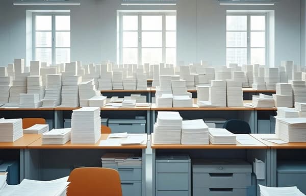 An office environment with many desks stacked with paper