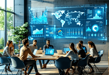The image depicts a modern office environment with a sleek minimalist design In the foreground a large glass screen displays a digital dashboard showcasing data analytics related to content integration and AI collaboration Employees are gathered arou-1
