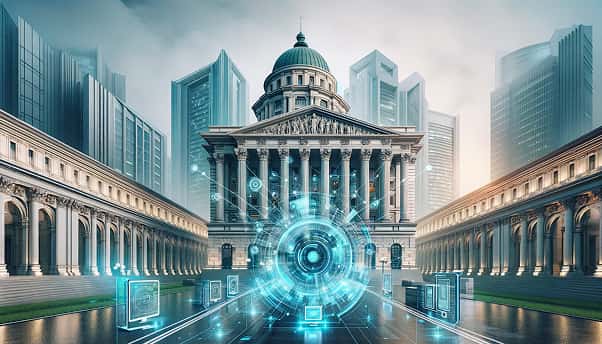 AI Image of governmental buildings with a blue digital hub