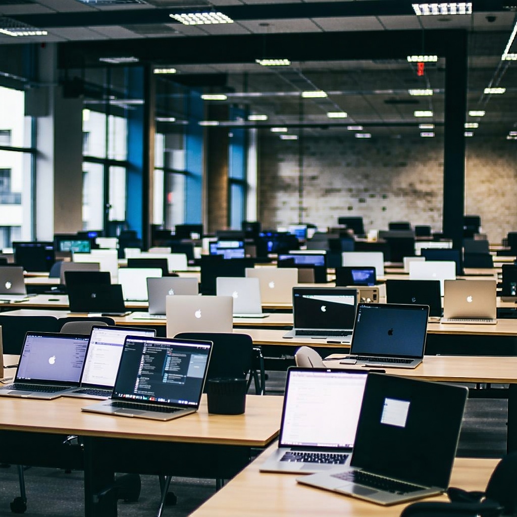 Office environment featuring open laptops on desks