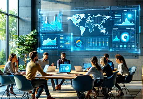 The image depicts a modern office environment with a sleek minimalist design In the foreground a large glass screen displays a digital dashboard showcasing data analytics related to content integration and AI collaboration Employees are gathered arou-1